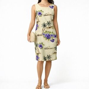 K Studio Tropical Palm Print Sheath Dress Y2K Rayon Midi Beige Purple Size 10